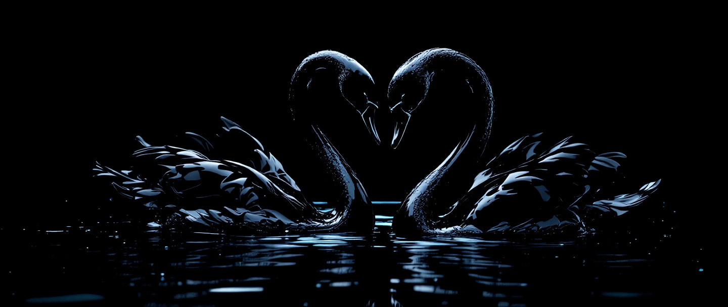 Two swans of liquid obsidian, facing each other