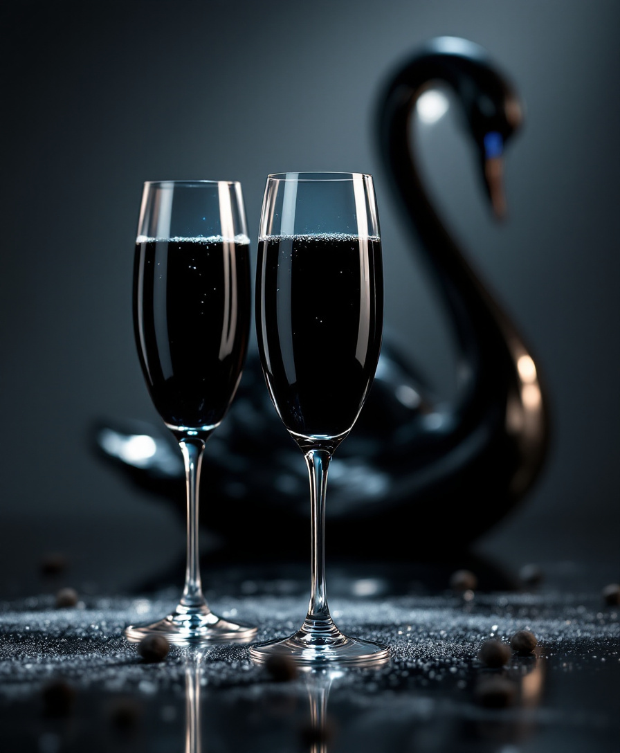 Zwei Gläser mit schwarzem Champagner vor Obsidian-Schwan